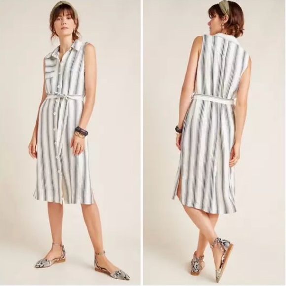 Anthropologie Maeve Esther Ivory Black Stripped Sleeveless Shirt Dress Size 2 - Picture 1 of 9
